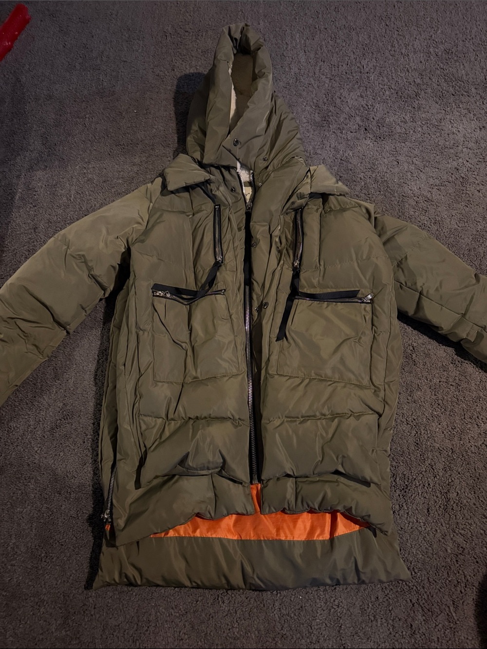 Women’s Olive Green Hooded Puffer Jacket with Orange Lining